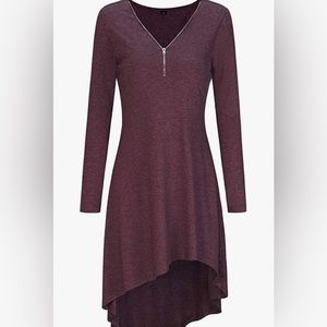 Women's Long Sleeve Zip V Neck Asymmetrical Swing Tunic Dress(Fuchsia-482,XL)